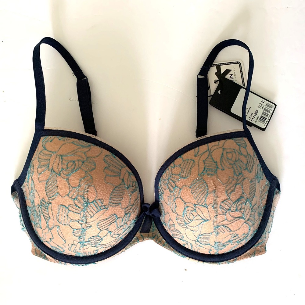 NWT Marie Jo Azuma Floral Embroidered Padded Underwire Plunge Bra 32E 32DD Blue
